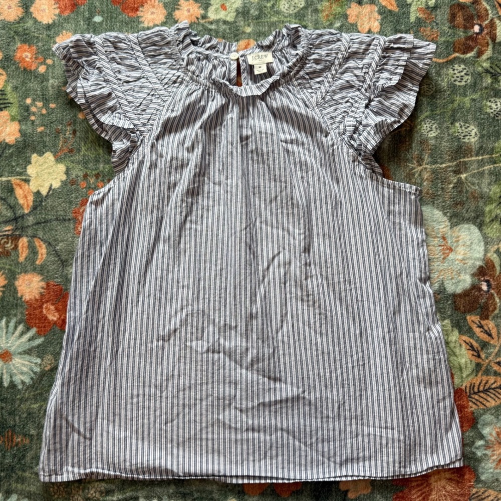 J.Crew Womens Blue White Striped Ruffle Flutter Sleeve Cotton Blouse Top Size M - Picture 1 of 6